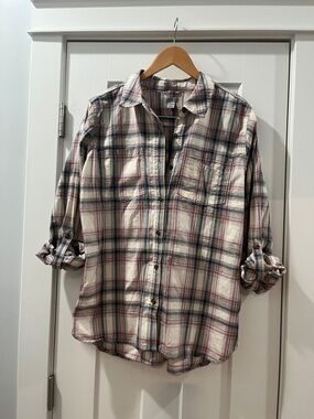 Carhartt Women's Plaid Button-Down Shirt in Cream Blue Purple & Tan Large